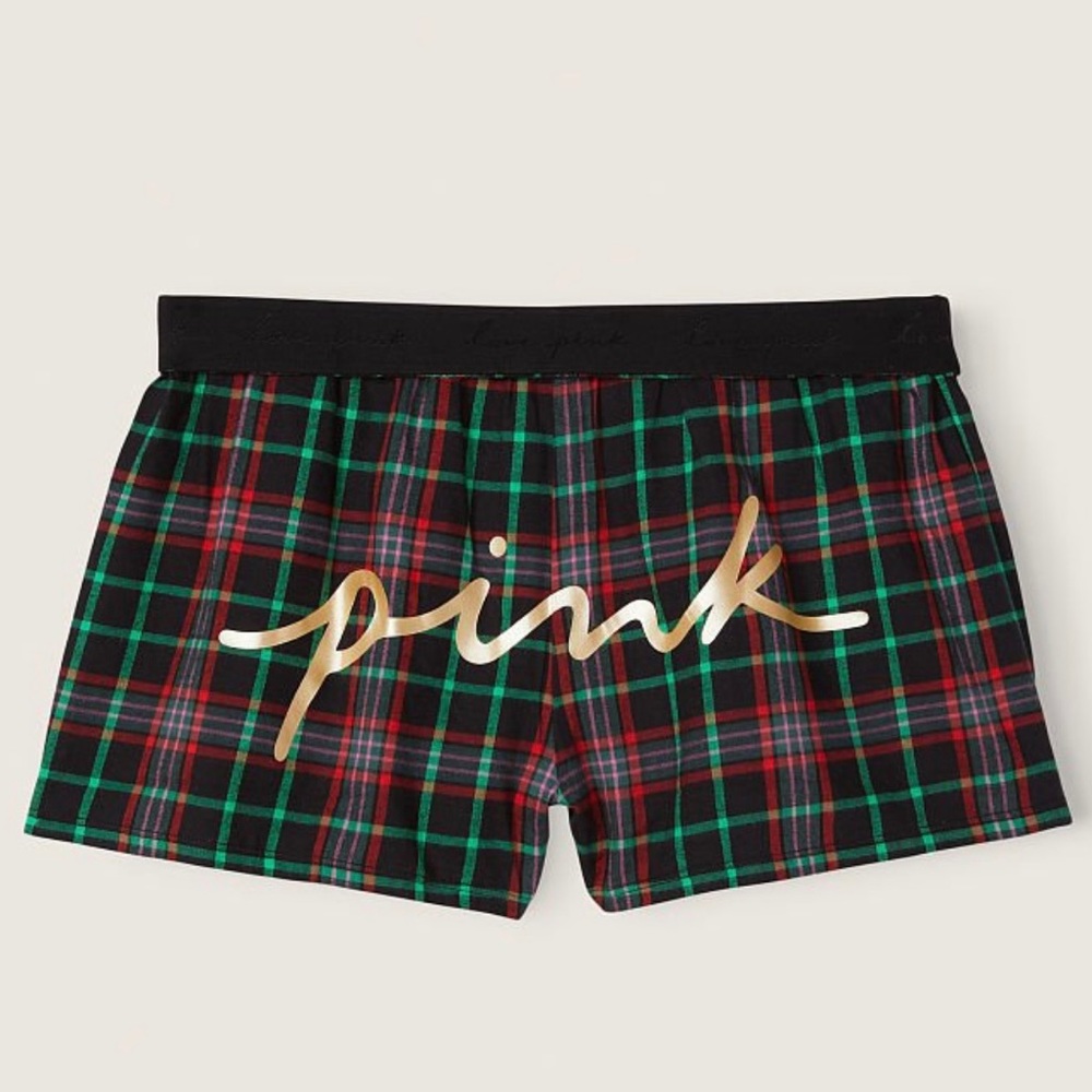 Victoria’s Secret PINK Flannel Pajama Shorts Black Plaid Gold Foil PINK Logo L